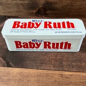 Nestle Baby Ruth Collectible Metal Tin White Red Embossed Candy Bar Storage 7"